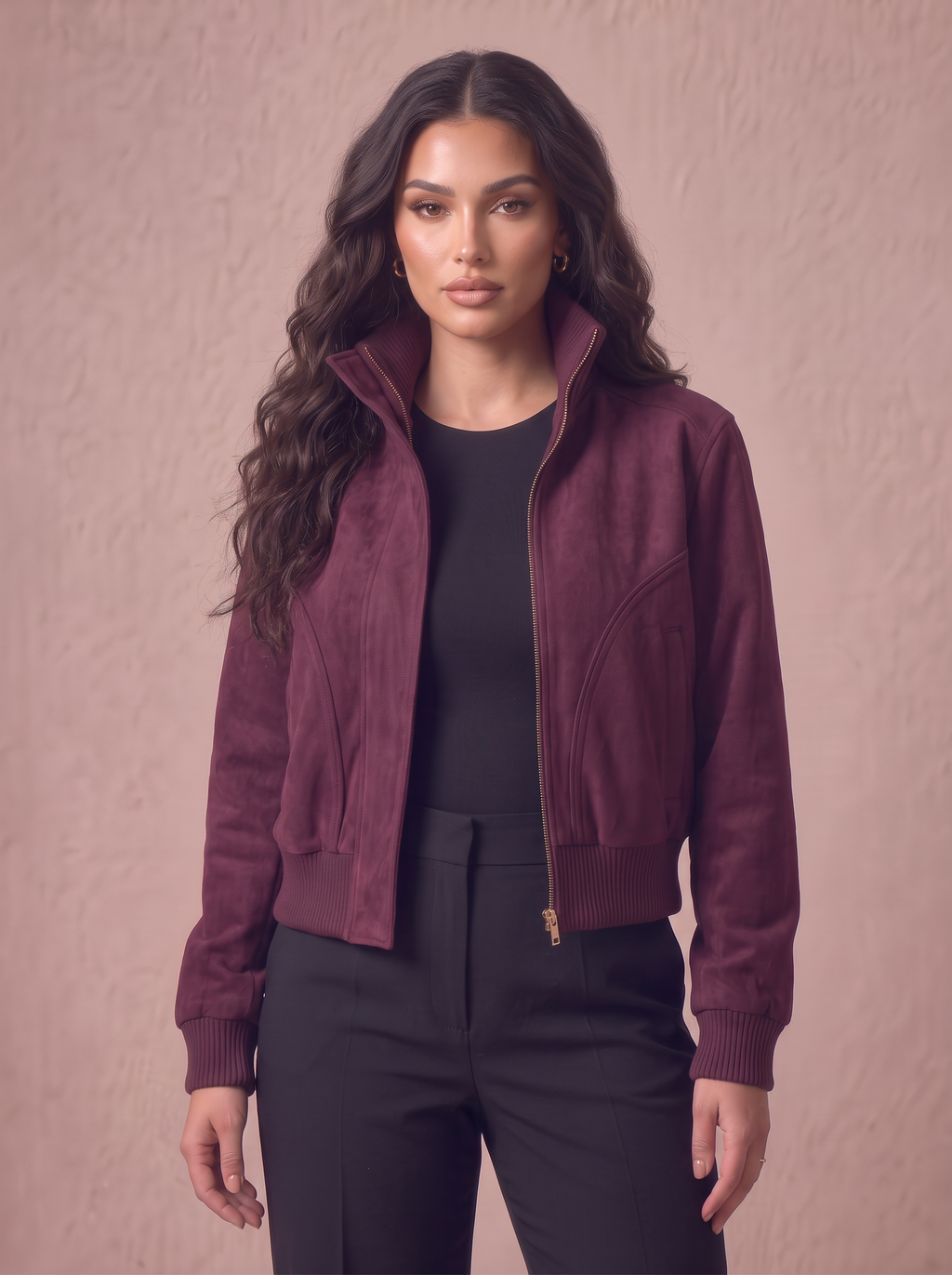 Burgundy Suede Bomber Jacket