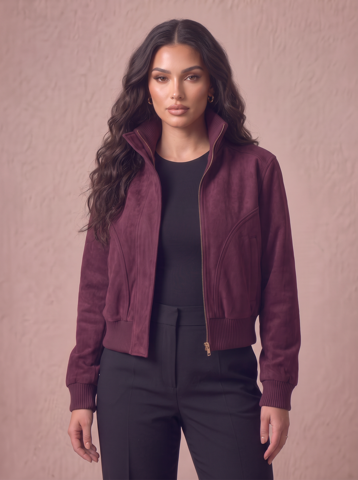 Burgundy Suede Bomber Jacket